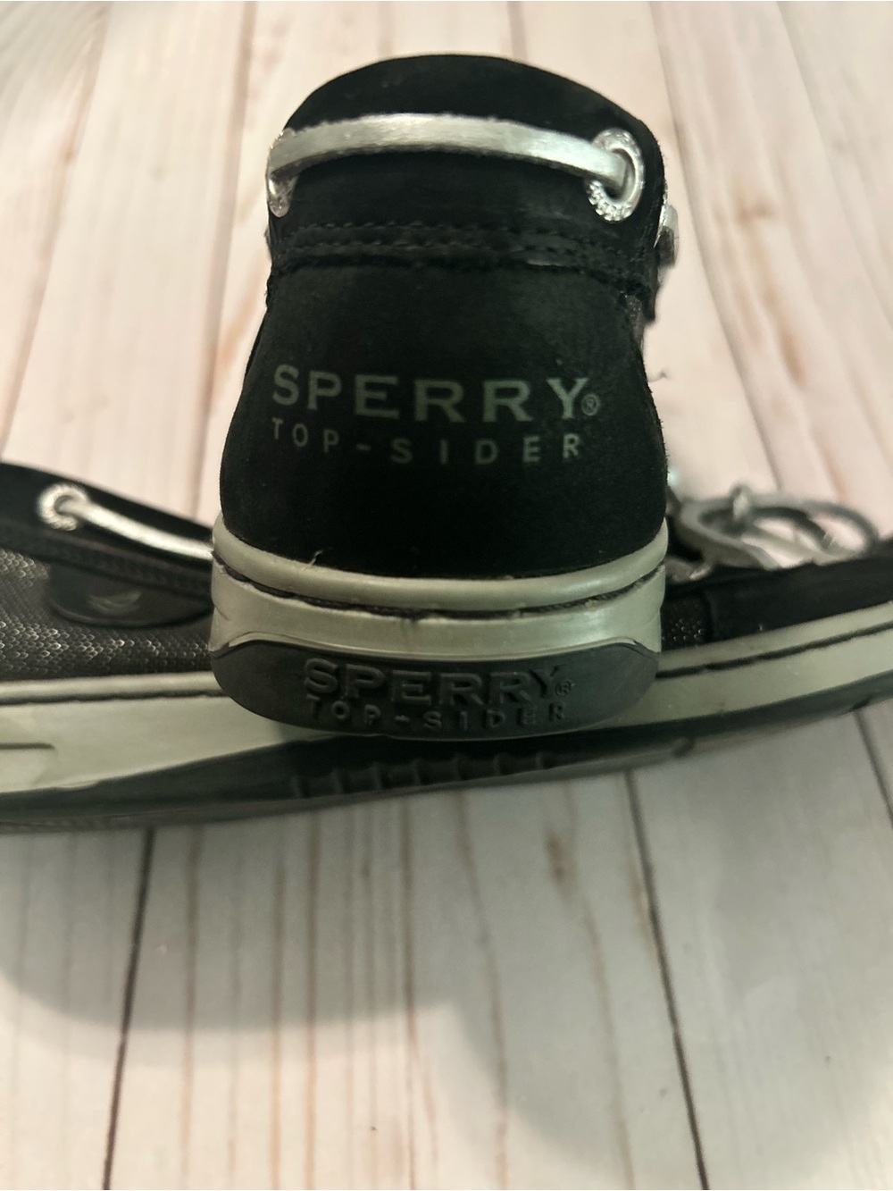 Sperry Black Leather Moccasin Flats with White Laces - Picture 2 of 5